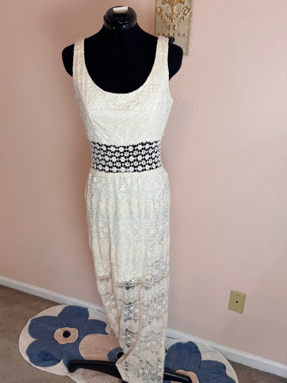 Festival Boho Chic Lace Maxi Dress Sheer Cutouts Ivory Juniors 9-10, Sz Med/6